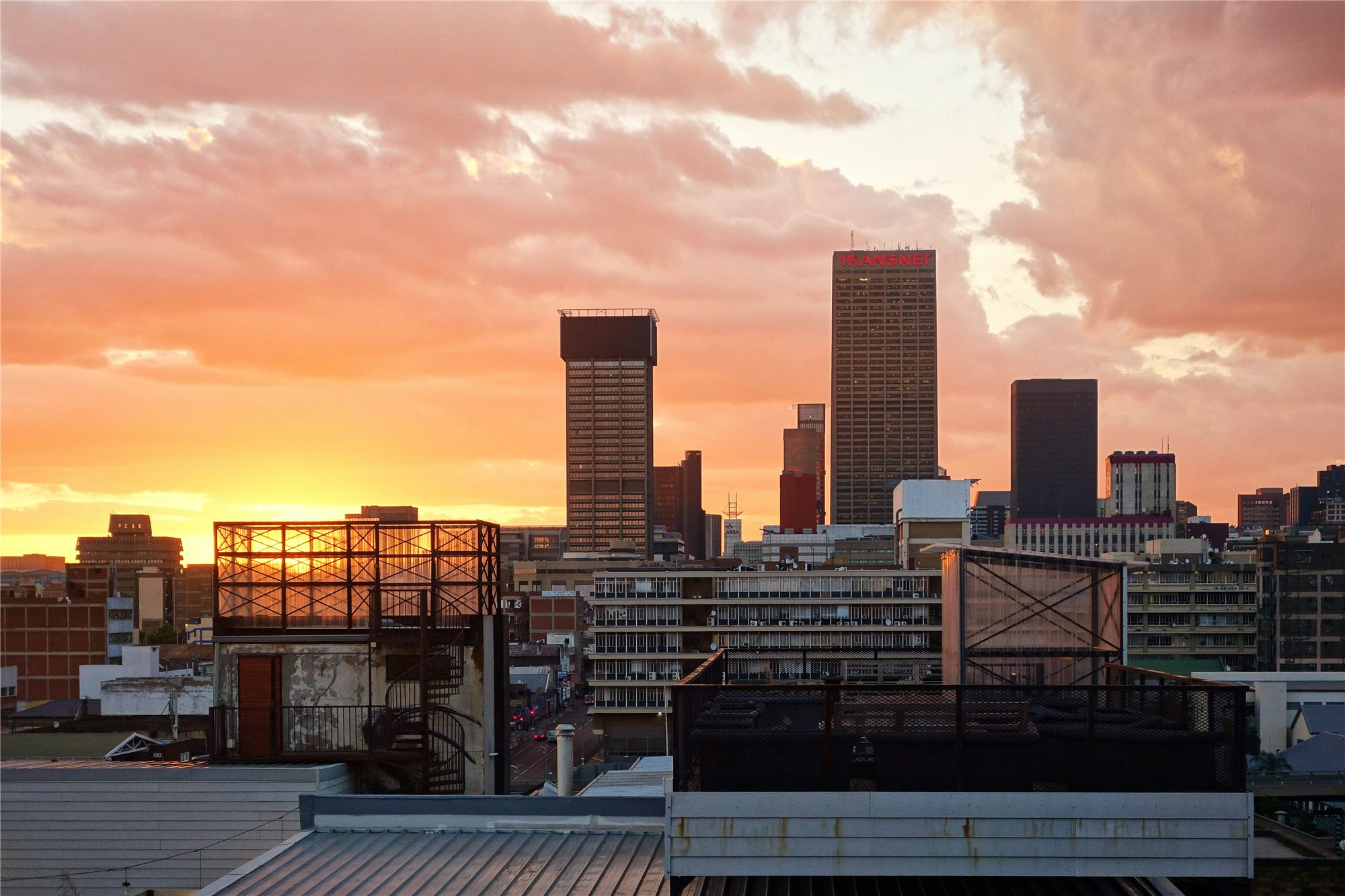 City skyline at sunset
