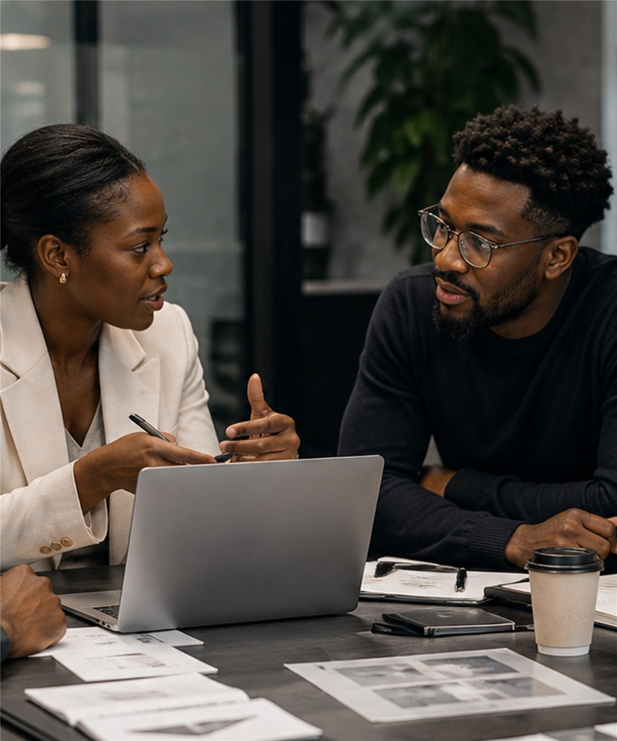 Two colleagues talking through ideas at a laptop
